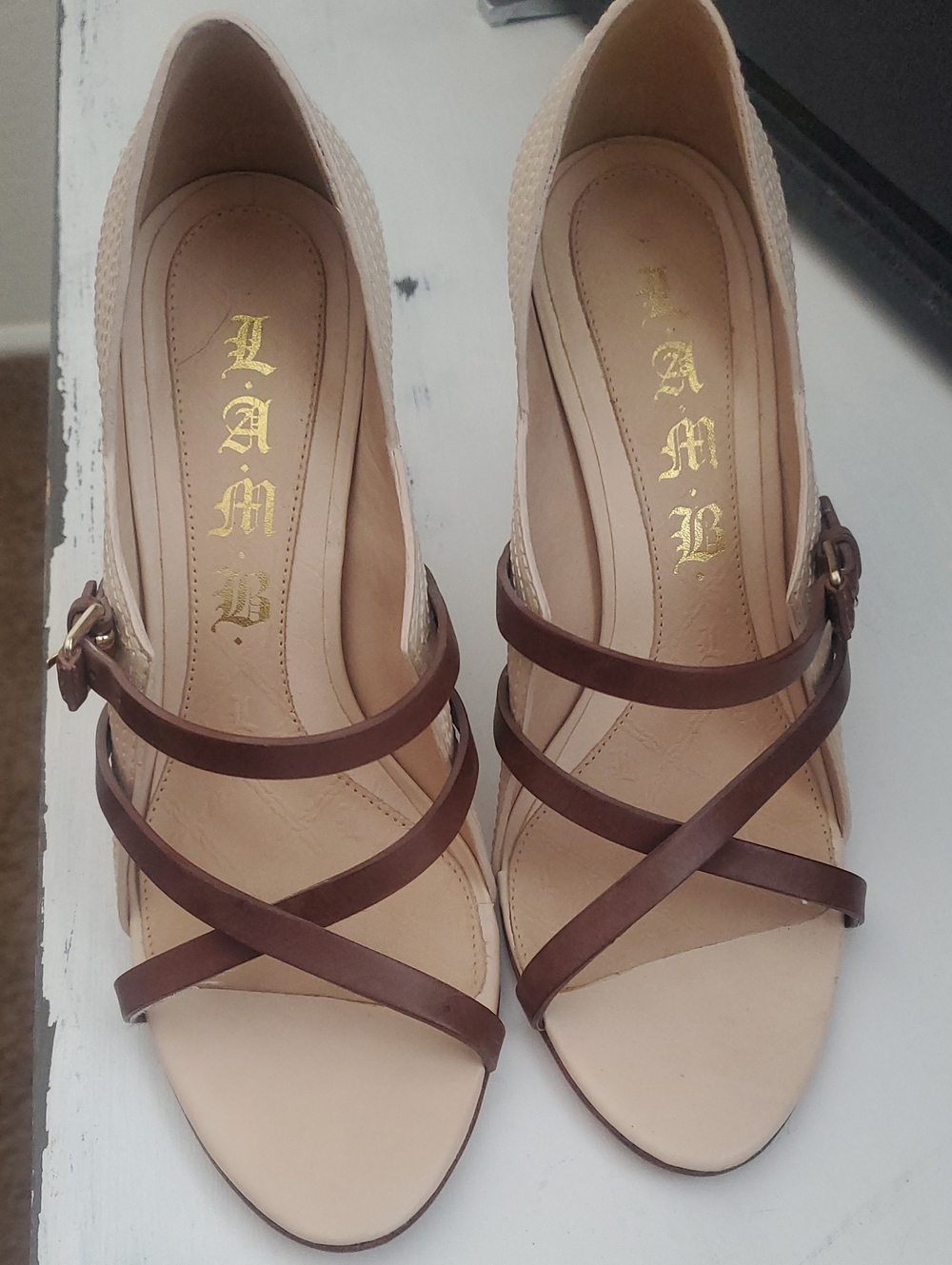 L.A.M.B. Nude and Brown Strappy Peep-Toe Heels